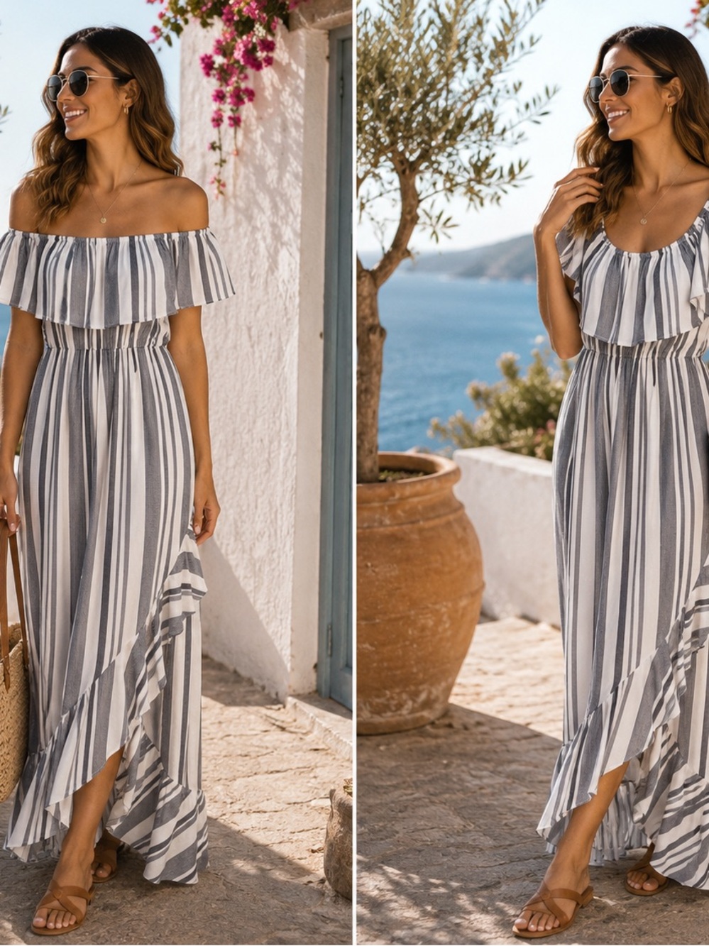 bailey blue Striped Off-Shoulder Maxi Dress in Gray and White